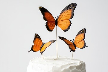 Obraz premium Three orange butterflies are on top of a white cake. The butterflies are positioned in a row, with one on the left, one in the middle, and one on the right