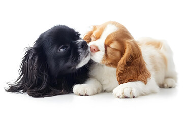 Cute kitten and puppy sleeping together isolated on white background