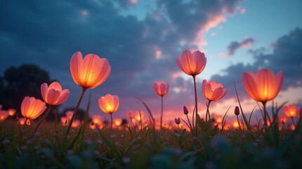 Surreal blooming flowers at dusk nature scene dreamy atmosphere