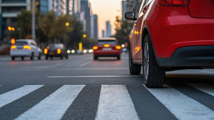 Vibrant Red Car Speeding Down a Busy City Street at Daytime with Blurred Background - Urban Chaos