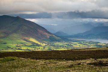 Landscape with mountains and lake on a dark, cloudy day in the Lake District National Park