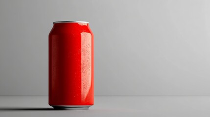 A red can of soda is sitting on a table. The can is wet and has condensation on it