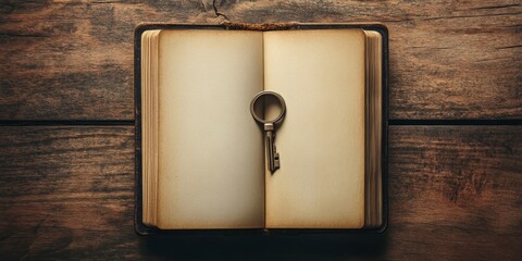 A key is sitting on top of an open book. The key is old and rusted, and it is a symbol of unlocking secrets or hidden knowledge