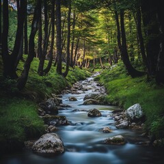 A stream of water flows through a forest. The water is clear and the rocks are scattered throughout the stream