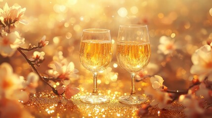 Two champagne flutes filled with sparkling wine, surrounded by blooming magnolia branches in warm sunlight.