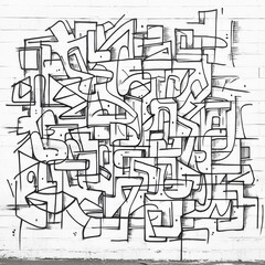 Abstract black and white graffiti art on a white brick wall.