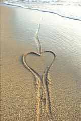 Heart drawn in the sand with ocean waves gently lapping in the background during a sunny day at the beach