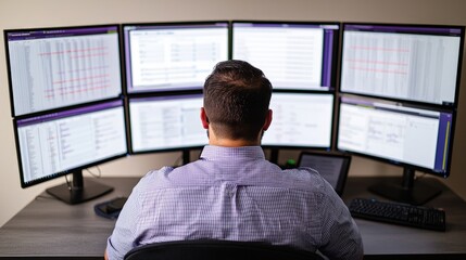 Cloud security data and audit concept, A person operates multiple computer monitors displaying data, likely for analysis or trading purposes, emphasizing a tech-savvy work environment.