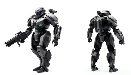 Powerful Armored Mech: Front and Rear Views, Futuristic Military Style
