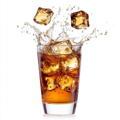 Ice cubes splashing into a refreshing drink on a plain white background.