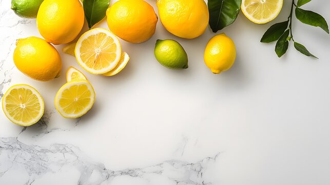 Lemons and Limes Arranged on Marble Surface