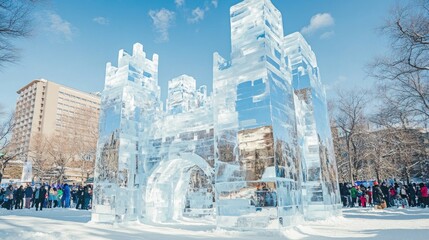 Ice castle shining under the winter sun at sapporo snow festival