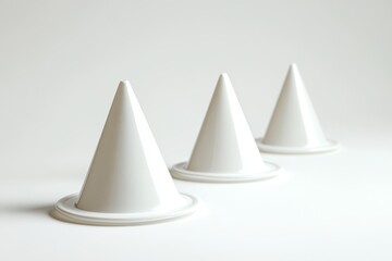 Fototapeta premium A minimalist image featuring three white geometric cones aligned on a plain background, showcasing simplicity and modern design.
