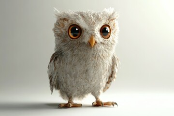 Naklejka premium A cute little owl with big eyes stands on a white background
