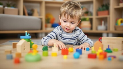 Young Child Playing With Colorful Blocks in Creative Indoor Environment