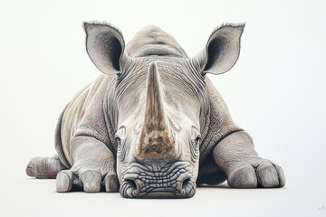 A rhino is laying down on a white background. The rhino is resting its head on its horn