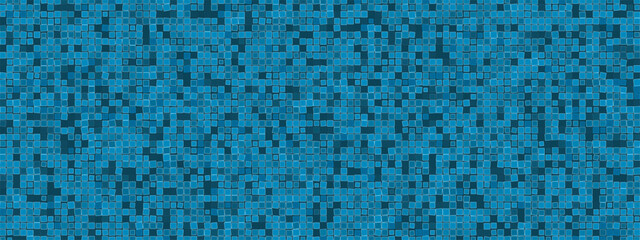 Blue wall ceramic tiles. Mosaic bottom of the swimming pool. Kitchen or toilet backdrop. Square particles in shades of blue. Illustration. Texture abstract vector background.
