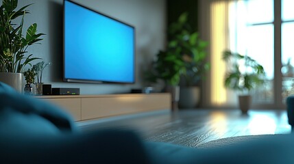 Fototapeta premium Modern living room with TV and plants.