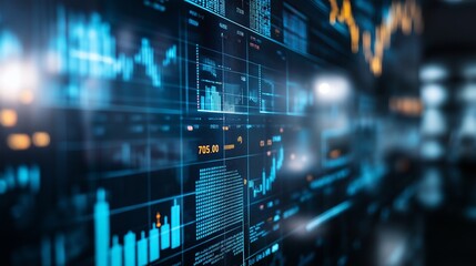 office with a large digital screen displaying complex financial data, investment graphs, and business strategy insights, representing a modern investment firm
