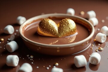 Gold heart melts into a sea of velvety hot chocolate, with marshmallows floating gently on the surface , warm, hot chocolate, melting