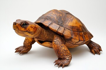 Obraz premium A detailed wooden turtle sculpture highlighting expert craftsmanship and intricate carving, set against a plain white background.