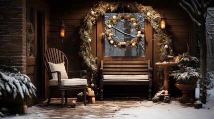 Fototapeta premium A wreath hangs on a window, and a bench is in front of it. The scene is set in a snowy environment, and the decorations give off a cozy and festive mood