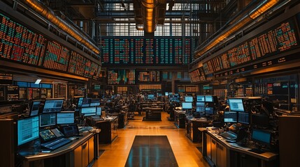 Fototapeta premium visualization of a stock market trading floor, with traders, charts, and digital screens showcasing fluctuating financial data, symbolizing the complexity of investment markets