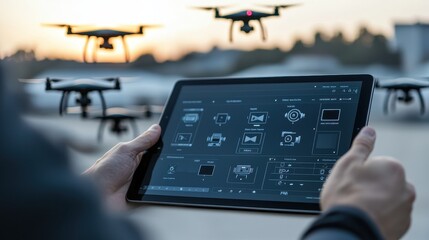 A person controls multiple drones with a tablet, set against a sunset backdrop, demonstrating advanced technology and aerial photography capabilities.