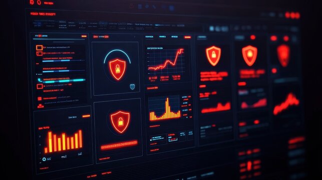 A digital dashboard displaying security metrics, data visualizations, and protective icons, emphasizing cybersecurity monitoring with a dark theme and vibrant red highlights.