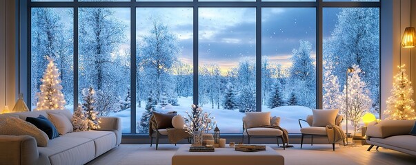 A stylish winter family room with large windows, frosted with snow, showcasing soft lighting, cozy seating, and seasonal decorations.