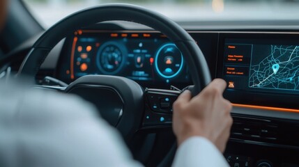 A modern car interior features a driver gripping the steering wheel, with a digital dashboard displaying navigation and vehicle information.