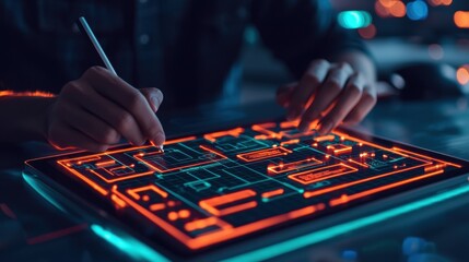 Naklejka premium A person is drawing on a glowing, futuristic digital tablet, highlighting intricate circuit designs in vibrant neon colors.
