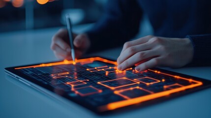 Naklejka premium A person is digitally sketching on a tablet with glowing lines, showcasing a creative design or interface in a modern workspace.