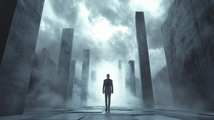 Silhouette of person standing in futuristic monumental architecture with mystical fog and light portal