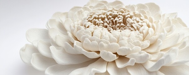 Detailed close-up of a white flower in full bloom with its intricate textures and veins perfectly contrasting the plain white background.