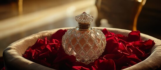 Elegant, crystal-encrusted perfume bottle, surrounded by red rose petals, on a luxurious, velvet-covered tray,