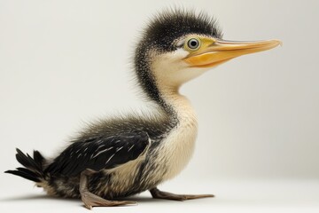 Obraz premium Close-up of a cute baby cormorant with fluffy feathers and bright eyes, sitting against a neutral background.