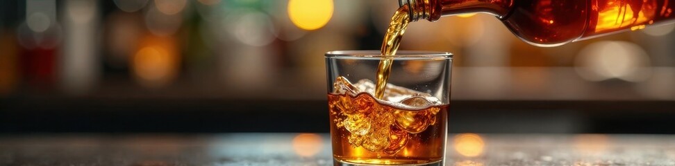 Amber liquid pours from bottle into glass, bokeh background, bar, bottle, night