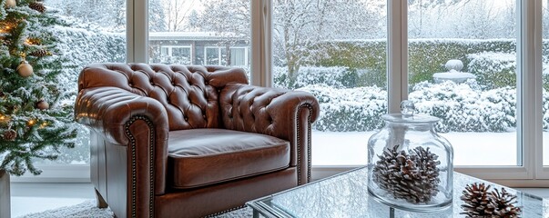 Elegant winter-themed furniture room with a rich leather armchair, glass coffee table, and frosted windows framing a snow-covered garden outside.