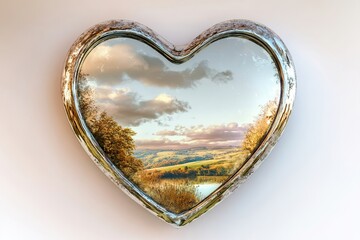 Enchanted, heart-shaped mirror, reflecting a romantic, bewitching landscape, on a soft, white background,