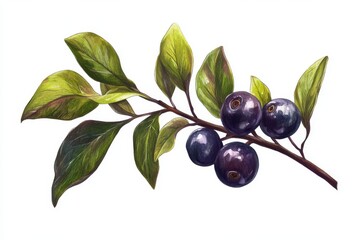 Detailed watercolor painting of an acai berry branch with vibrant green leaves and ripe berries, isolated on a white background.