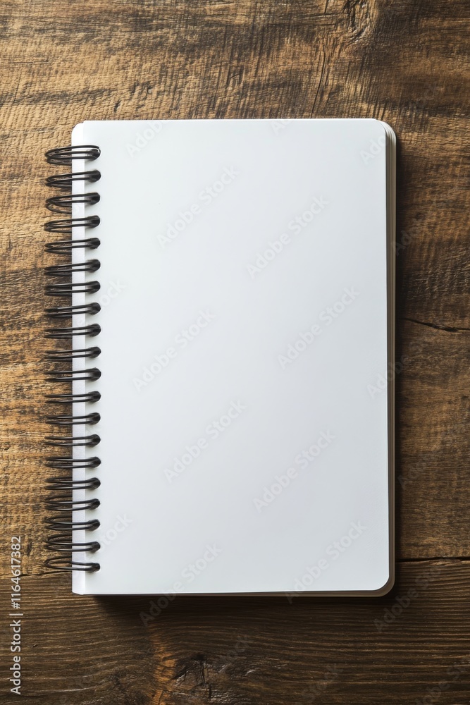 Wall mural a spiral bound notebook with a blank page sits on a wooden table. the notebook is open to the first 