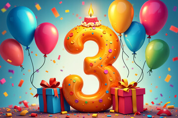 3rd birthday card. Large, colorful number three with candle on it, surrounded by numerous balloons and gift boxes, all set against a blue background.