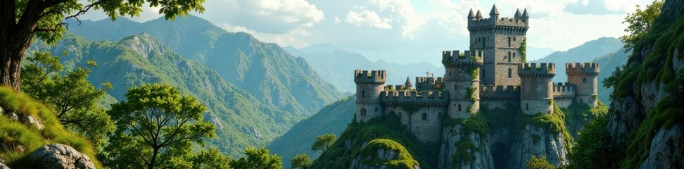 Fototapeta premium Towering battlements, overgrown with vines and moss, ruins, overgrowth, vines