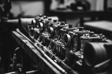 Obraz premium Detailed view of industrial machinery components in a workshop during daylight hours