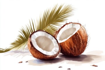 Artistic depiction of coconut halves with a palm leaf, highlighting tropical and exotic fruit...