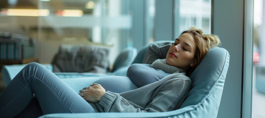 Obraz premium Pregnant Woman Napping at Workplace Rest Area Highlighting Importance of Prenatal Relaxation