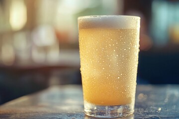 A glass of beer is sitting on a table with condensation on the outside. The condensation suggest that the beer is cold and refreshing, making it a perfect drink for a hot day