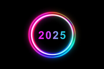 NEW YEAR 2025 NUMBER on Rainbow Neon Circle LIGHT on a dark background, illuminated by vibrant neon lights, with a magical and ethereal feel	
