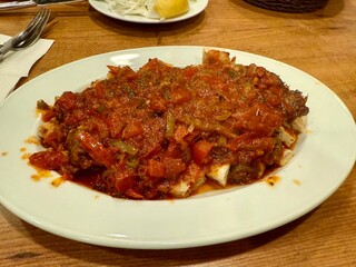 Turkish Halep kebap with bread, in Turkey.